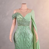 baratos Vestidos de Noite-Vestido Elegante Sereia  Trompete Formal Casamento Comprimento do Chão Sem Mangas Decote Redondo Chiffon com Pérolas Lantejoula