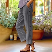 preiswerte Schlichte Hose aus Baumwollleinen-Damen Hose aus Baumwollleinen Abgeschnittene Hose Mode Lässig Knöchellang Mittlere Taille Einfach Elastischer Bund Atmungsaktiv Bequem Straße Alltagskleidung Ausgehen Schwarz Weiß Marineblau