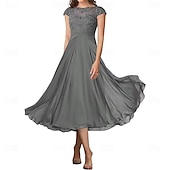 preiswerte Teelänge-A-Linie Brautmutterkleid Elegant Einfach Rundhalsausschnitt Knöchellänge Chiffon Kurzarm mit Falten Einfarbig 2025