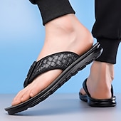billige Ferietøfler-herrebrune flip-flops i kunstskinn med vevd mønsterrem, myk EVA-såle, komfortabel for feriested og hverdagslige sommerantrekk