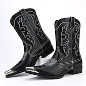 cheap Cowboy &amp; Western Boots-Men&#039;s Black Leather Western Boots with Silver Toe Cap and Decorative Stitching – Stylish Cowboy Boots for Rodeos, Country Events &amp; Casual Wear