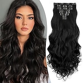 abordables Clip dans les extensions-Extensions de cheveux à clipser 24 pouces 8 pièces mélange noir naturel gris argenté extensions de cheveux synthétiques longs ondulés extensions à clips épais double trame pour femmes