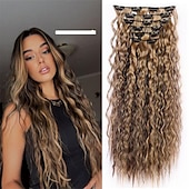 abordables Clip dans les extensions-Extensions de cheveux à clips marron 6 pièces extensions de cheveux 22 extensions de cheveux synthétiques longs bouclés ondulés postiches de cheveux naturels épais et ondulés