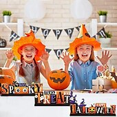 olcso Halloween függő és asztali díszek-3 db halloweeni asztaldekoráció fa asztaldísz táblák - boldog halloweeni csokit vagy csalunk rusztikus fa partidekorációk