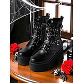 baratos Década de 1980-Botas de combate femininas estilo gótico plataforma Y2K - Botas pretas de cano curto com cadarço inspiradas nos anos 80, com tiras cravejadas e saltos grossos para cosplay, Halloween e streetwear punk