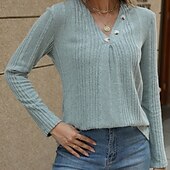 voordelige Effen kleuren-Dames Blouse Effen Modern Casual Lange mouw V-hals Normale tops Dagelijks Uitgaan Knop Zwart blauw Fuchsia Bruin Groen Herfst