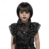 cheap Movie Character Wigs-Long Braid Wig With Bangs Black Braided Wig Girls Halloween costume Wigs For Kids