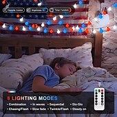 cheap Battery String Lights-1 Pc 33FT-100 LED Patriotic String Lights July 4th Independence Day Red Blue White Ball Decorative LED String Patriotic Gathering Party Atmosphere 8 Function Remote Control Waterproof Battery Box