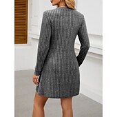 cheap Plain Dress-Women&#039;s Mini Dress A Line Dress Casual Daily Regular Fit Plain Long Sleeve V Neck Wine Light Brown Green Dark Gray Winter Autumn