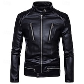 preiswerte Kunstlederjacke-Herren Kunstlederjacke Bikerjacke Motorradjacke Urlaub Täglich Winddicht Warm Tasche Winter Einfach Mode Klassisch Stehkragen Regulär Schwarz Jacken
