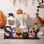 tanie Dekoracje wiszące i na stół na Halloween-dekoracja na halloween z drewnianym środkiem, upiorny drewniany stojak na litery do ekspozycji na stole halloweenowym, dekoracja na imprezę w nawiedzonym domu DIY