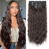 baratos Clip nas extensões-extensões de cabelo clip in 5 peças extensões de cabelo castanho 24 extensões de cabelo longas e grossas ondas soltas he002 trama de renda invisível apliques naturais macios para mulheres castanho