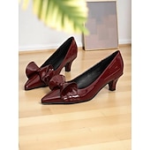abordables Escarpins femme-Escarpins à bout pointu et nœud vert foncé pour femme – talons mi-hauts en cuir verni, style vintage pour le travail, les fêtes et les occasions habillées