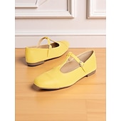 baratos Sapatilhas de mulher-sapatilhas femininas amarelas com tiras em T, mary janes vintage com bico redondo para encontros casuais e uso diário