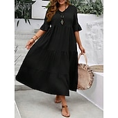cheap Plain Dress-Women&#039;s Maxi Dress A Line Dress Vacation Casual Beach Daily Holiday Date Plain Half Sleeve V Neck Navy Black Ivory Yellow Summer