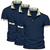 baratos Polo Clássico Masculino-Camisa polo masculina de 3 peças, cor sólida, xadrez, bloco de cores, camisa de golfe, manga curta, lapela, casual, esportiva e ao ar livre, botões, verão, primavera e outono, verde, azul
