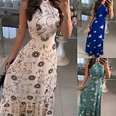levne Elegantní květinové šaty-Dámské Dlouhé šaty Maxi šaty Květinové šaty Šaty s ohlávkou ke krku Šaty s potiskem Módní Klasické Moderní Venkovní Dovolená Denní Běžný Květiny Bez rukávů Krk ohlávky Vodní modrá Trávová zelen