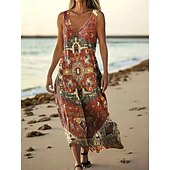 preiswerte Druck Blumen Kleider-Damen Langes Kleid Maxikleid Freizeitkleid Trägerkleid Sommerkleid afrikanisch Täglich Ferien Strand Normale Passform Blumen Ärmellos V Ausschnitt Wein Burgunderrot Marineblau Blau Sommer