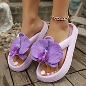 billiga Inneskor och flip-flops till damer-kvinnors blommiga flip-flop-sandaler, söta 3D-blommiga platåtofflor för stranden, mjuka sommarsandaler i skumgummi för semester och vardagskläder