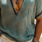 economico Magliette casual da uomo-Per uomo Maglietta Camicia a Maniche Corte Manica Corta Scollo a V Estate Ricamo Bohemien Vintage Casual Patchwork Vacanza Streetwear Casual Quotidiano Azzurro cielo Maglietta Top per Uomo