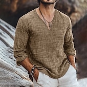 economico Vacanza-Per uomo Camicia Camicia di lino Camicia popover Camicia Estiva Abbigliamento da spiaggia Linea Vacanza Streetwear Marrone Cachi Manica Lunga Scollo a V Estate Primavera Abbigliamento