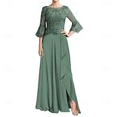 cheap Floor Length-A-Line Mother of the Bride Dress Elegant Crew Neck Floor Length Chiffon Long Sleeve with Solid Color