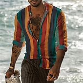 economico camicie casual da uomo-Per uomo Camicia Camicia Estiva Camicia casual Camicia da Spiaggia Camicia con Bottoni Verde chiaro Rosa Rosso Viola Verde Manica Lunga A righe Bavero Vacanza Camicia hawaiana Abbigliamento Poliestere