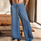 cheap Home-Men&#039;s Linen Pants Trousers Summer Pants Baggy Pants Elastic Waist Drawstring Straight Leg Plain Comfort Breathable Full Length Casual Daily Holiday Vacation Fashion Black White Inelastic