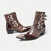 abordables Botas de cuero de primera calidad-Botas de tobillo de cuero con patrón de cocodrilo marrón para hombres con hebillas de punta dorada calzado de inspiración occidental de moda para uso casual y al aire libre