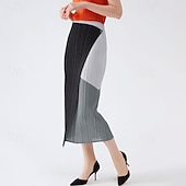 billiga Casual kjolar-Dam Kjol Elegant Vintage Mode Ledigt Midi Medium Midja Kjolar Färgblock Rynkad Lappverk Asymmetrisk nederkant Elastisk Semester Fest Ljusgrå Sommar Polyester