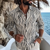 preiswerte Geometrische Muster-Herren Geometrisch Gestreift Linien / Wellen Hemd Knopfhemd Lässiges Hemd Langarm Modisch lässig Formell Urlaub Alltagskleidung Sommer Frühling Umlegekragen 3D-Druck Hemden mit Kragen Schwarz