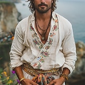 economico Vacanza-Per uomo Camicia Camicia di lino Camicia casual Camicia di cotone Floreale Vacanza Camicia hawaiana Bianco Manica Lunga Scollo a V Primavera Autunno Abbigliamento Etnico / religioso
