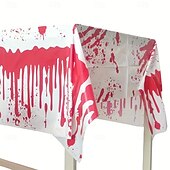 お買い得  ハロウィン-ハロウィンプラスチックテーブルカバー1枚 (54インチ×108インチ/137cm×274cm) - 血まみれの手のデザイン、不気味な赤いスプラッターパターン、機械製、パーティーに最適 &amp;ホームデコレーション パーティーテーブルカバー 不気味なテーマのデコレーション pl
