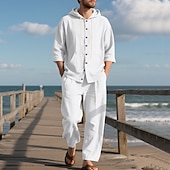 cheap Men&#039;s Tee Sets-Men&#039;s T-shirt Suits Shirt and Pant Sets 2 Pieces Outfits Long Sleeve Hooded Summer Spring Solid Color Fashion Casual Buttons 2 Piece Vacation Daily Wear Going out Black White Yellow Top Tee for Men