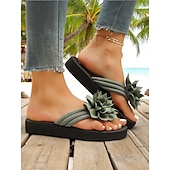 olcso Nyári szandálok-női bézs virágmintás flip-flop papucs párnázott talppal, hétköznapi strandszandál nyári vakációhoz és medence melletti kikapcsolódáshoz