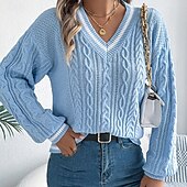 preiswerte Einfarbige Farben-Damen Pullover Lässig Farbblock Gerippt V Ausschnitt Patchwork Gestrickt Langarm Normale Oberteile Stricken Täglich Ferien Ausgehen Weiß Blau Herbst