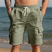 baratos Feriado-Homens Shorts de algodão e linho Bermuda Cargo Calção Shorts de verão Com Cordão Cintura elástica Bolso multi Tecido Conforto Vestível Comprimento do joelho Ao ar livre Esporte Diário Moda Casual