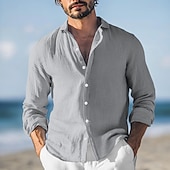 preiswerte Urlaub-Herren Hemd Leinenhemd Sommerhemd Strandbekleidung Knopfhemd Einfach Urlaub Lässig Rote Blau Grün Grau Langarm Umlegekragen Sommer Frühling &amp; Sommer Bekleidung