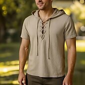 economico Cime-t-shirt vichinga medievale in cotone a maniche corte con cappuccio camicie da uomo in stile retrò con lacci hippie abbinati al costume larp