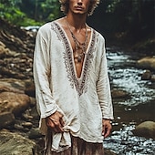 preiswerte Urlaub-Herren Leinenhemd Sommerhemd Vintage-Shirt Ethno-Hemd Langarmshirt Boho Urlaub Straße Weiß Langarm Stürzen Sommer Frühling Bekleidung Ethnisch &amp; Religiös