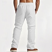 cheap Classic-Men&#039;s Linen Pants Trousers Summer Pants Beach Pants Pocket Elastic Waist Drawstring Striped Comfort Breathable Vacation Daily Holiday Hawaiian Boho Black White