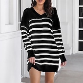 abordables Robes en tricot-Femmes Mini Robe Robe Pull Robe Décontractée Mode Extérieur Soirée Fête Coupe régulière Rayé manche longue Col en V Noir Blanche Automne
