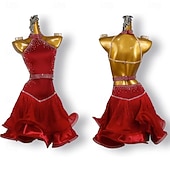 abordables robe de compétition-Robe de danse latine rouge à épaules dénudées et à diamants pour femmes, jupe en maille de compétition