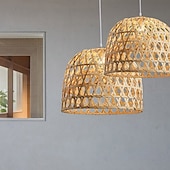 cheap Pendant Lights-Dome Pendant Light Natural Hemp Rattan Chandelier Light Fixture Lighting Modern Weave Wicker Hanging Lamp for Hallway Dining Room Open Weave Cane Rib Bell Hanging Lamp