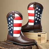 cheap Cowboy &amp; Western Boots-Men’s Brown Faux Leather Western Boots with American Flag Design – Durable Leather Boots for Outdoor Adventures, Country Events and Patriotic Celebrations
