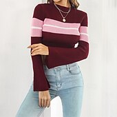 preiswerte Grafische Muster und Details-Damen Pullover Lässig Farbblock Grobstrick Rundhalsausschnitt Gestrickt Langarm Crop Tops Stricken Täglich Ferien Ausgehen Wein Armeegrün Herbst Winter