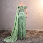 baratos Vestidos de Noite-Vestido Elegante Sereia  Trompete Formal Casamento Comprimento do Chão Sem Mangas Decote Redondo Chiffon com Pérolas Lantejoula