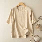  Dame Linskjorte Sommerskjorte Pullover Årgang Kortermet Crew-hals Avslappet Sommer Vår