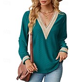preiswerte Damen Einfache Oberteile-Damen Bluse Farbblock Modern Lässig Langarm V Ausschnitt Normale Oberteile Täglich Ferien Patchwork Gras-Grün Erröten Sie Rosa Schwarz Rosa Wein Sommer