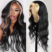 economico Parrucche lace front capelli veri-Parrucca frontale in pizzo con meches 1b/613#, capelli umani, ondulati, densità 150%, 13x4